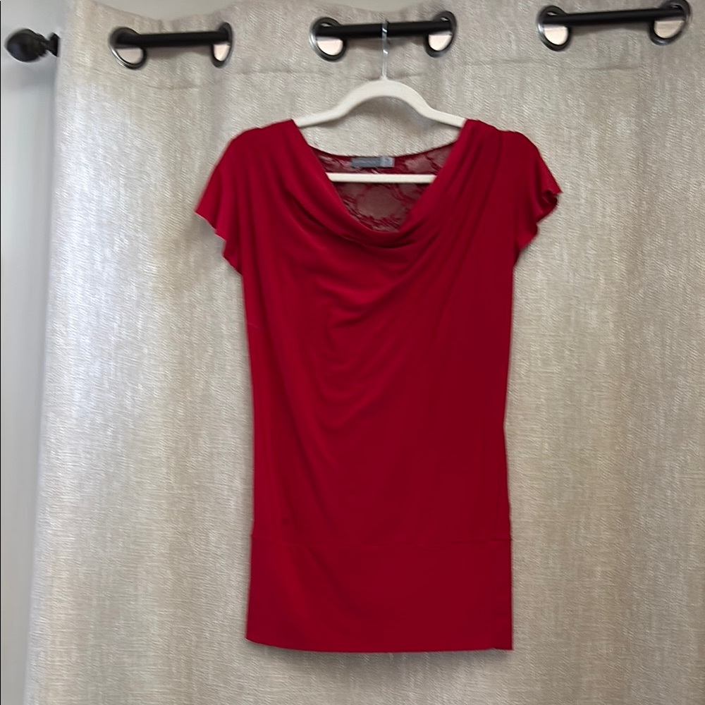 Forcast Red Cap Sleeve Fitted Blouse with Sexy Lace Back